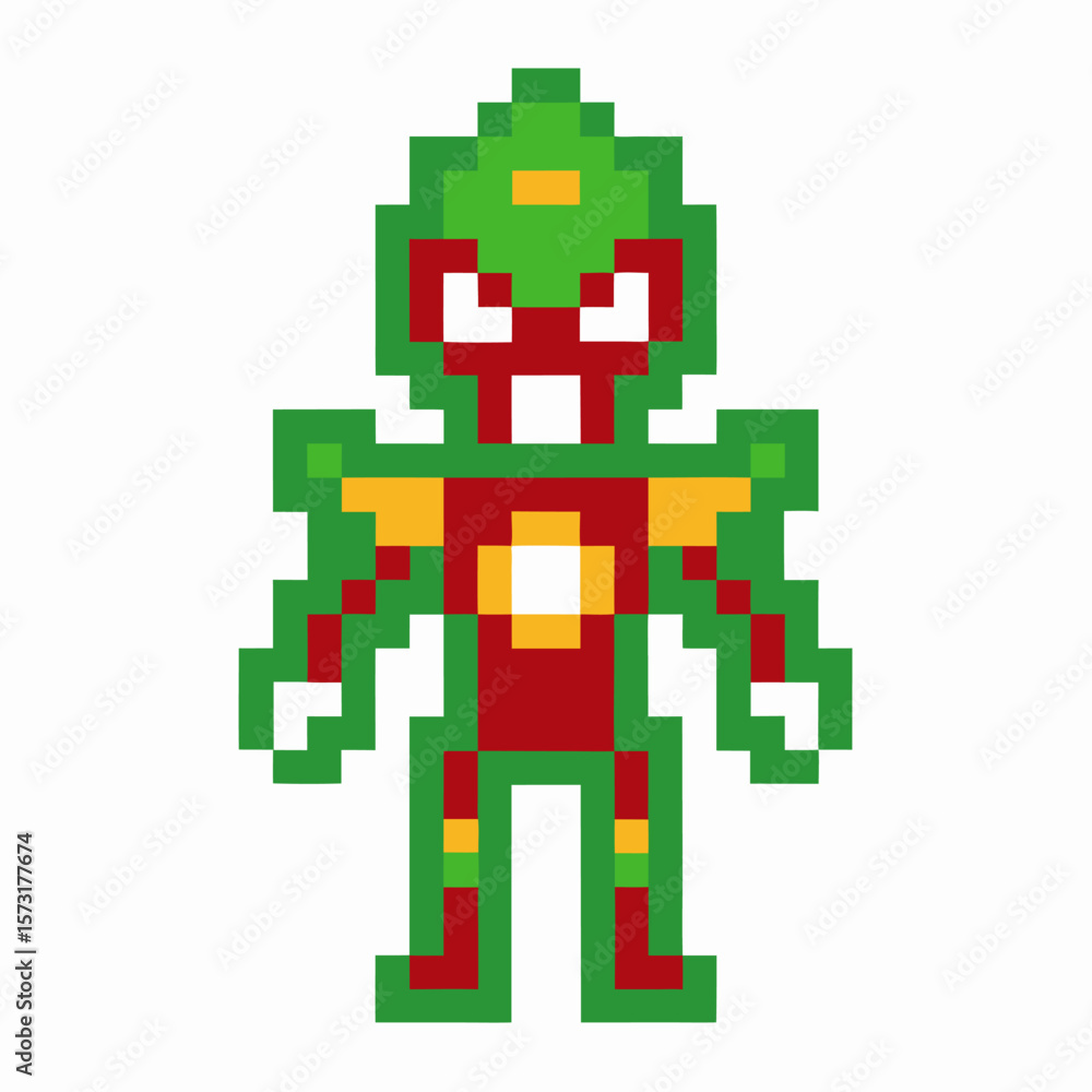 Poster pixel art alien robot character with red and green armor, retro video game sprite, futuristic digita