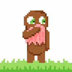 Pixel art cute brown monster character with green eyes and pink tongue standing on green grass, playful digital sprite