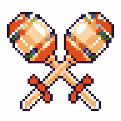 Pixel art crossed maracas, traditional musical percussion instrument in retro game isolated on white background