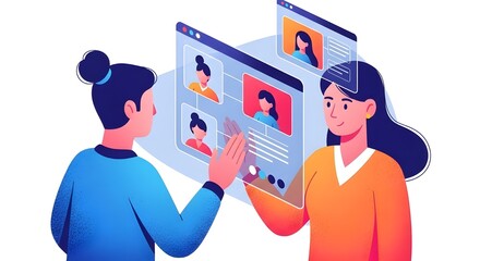 Two people collaborate, reviewing candidates on digital screens in a recruitment or hiring process, showing teamwork