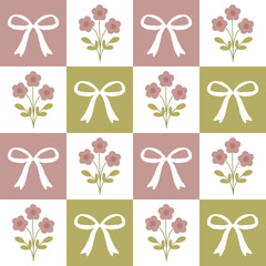 Seamless pattern with pink flowers and white bow