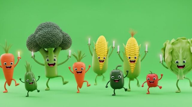 Cartoon vegetables dancing on green background