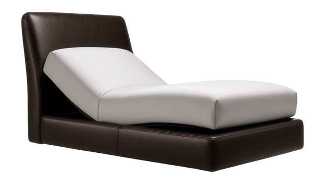 Adjustable bed with padded leather rails for a contemporary setting.