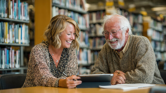 A librarian helps an older gentleman use a tablet in a library setting, creating an engaging scene.