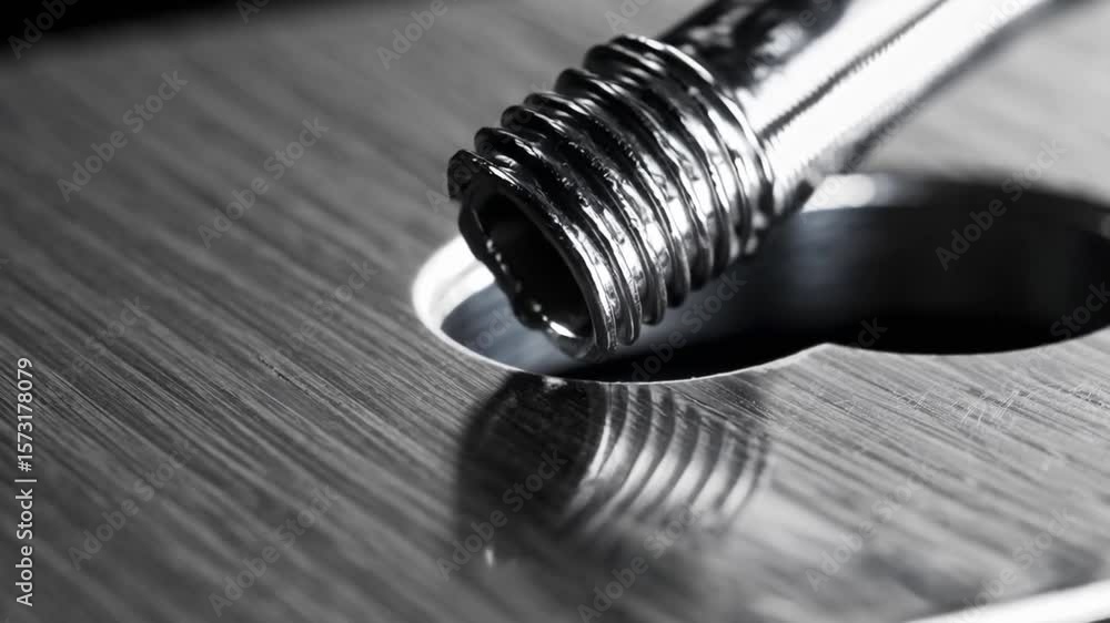 Poster close-up of metallic screw and thread in industrial setting for engineering and mechanical design co