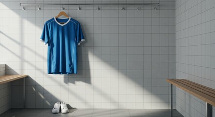 Blue sports jersey hanging in minimalistic locker room with sunlight casting shadows on tiled wall