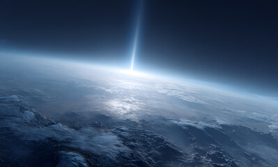 a distant planet in the sky with Earth visible below it in the blue and misty atmosphere