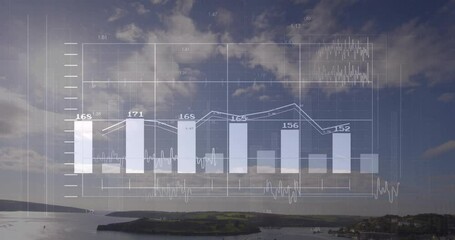 Camera framing coastal bay then faint bars rising with gridlines animating, visualizing finance - Powered by Adobe