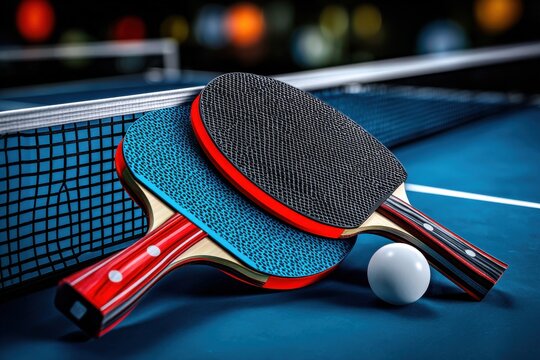 Ping pong paddles and ball resting on a vibrant table, ready for an exciting game in an indoor arena