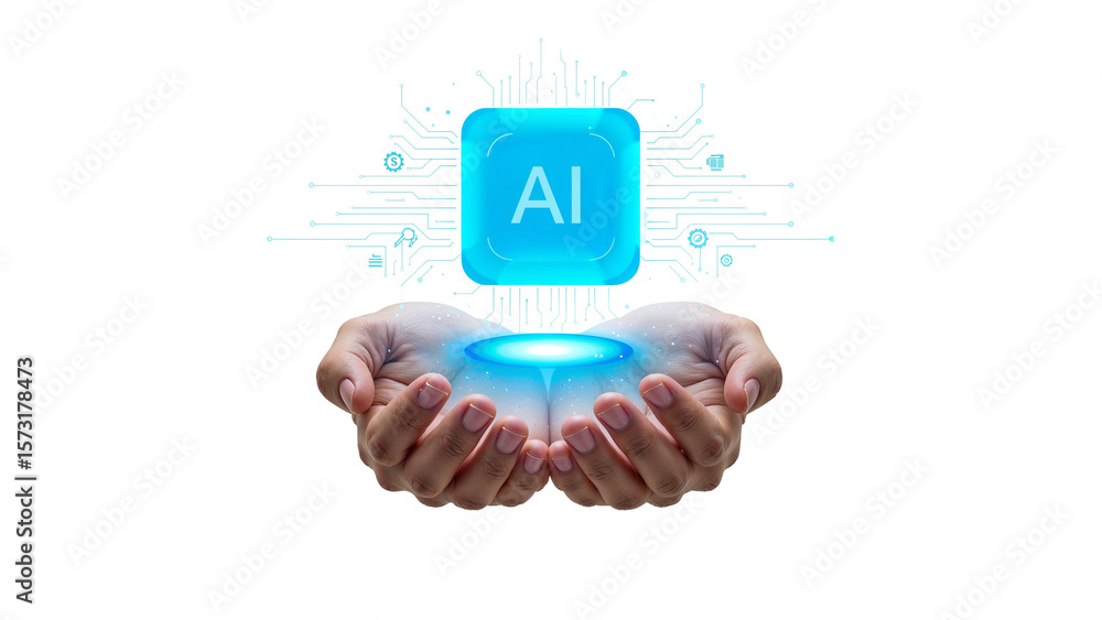 Poster hands presenting glowing ai concept with circuit board design and isolated look