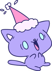 hand drawn christmas cartoon of kawaii cat in bright neon color