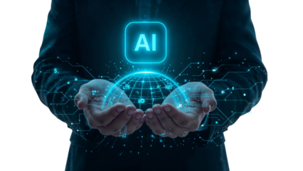 Artificial Intelligence in Human Hands Illustrating Technology and Innovation on Transparent