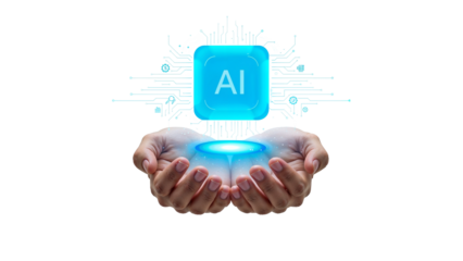 Hands presenting glowing AI concept with circuit board design and isolated look