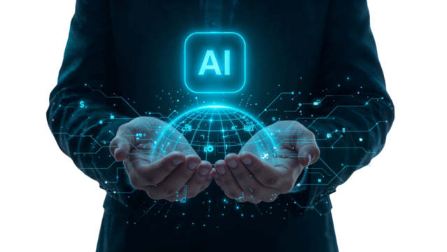 Artificial Intelligence in Human Hands Illustrating Technology and Innovation on Transparent