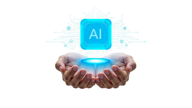 Hands presenting glowing AI concept with circuit board design and isolated look