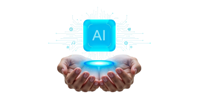 Hands presenting glowing AI concept with circuit board design and isolated look