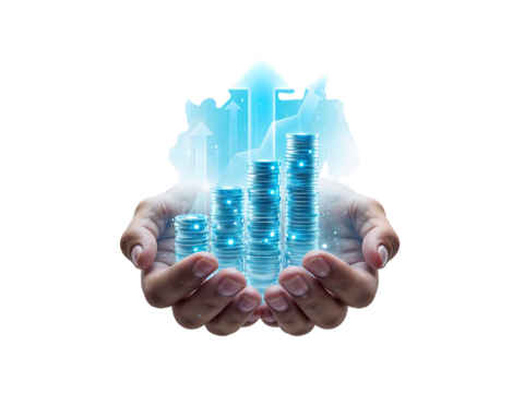 Digital Financial Growth in Hands on a Transparent Isolated Background Depicting Prosperity