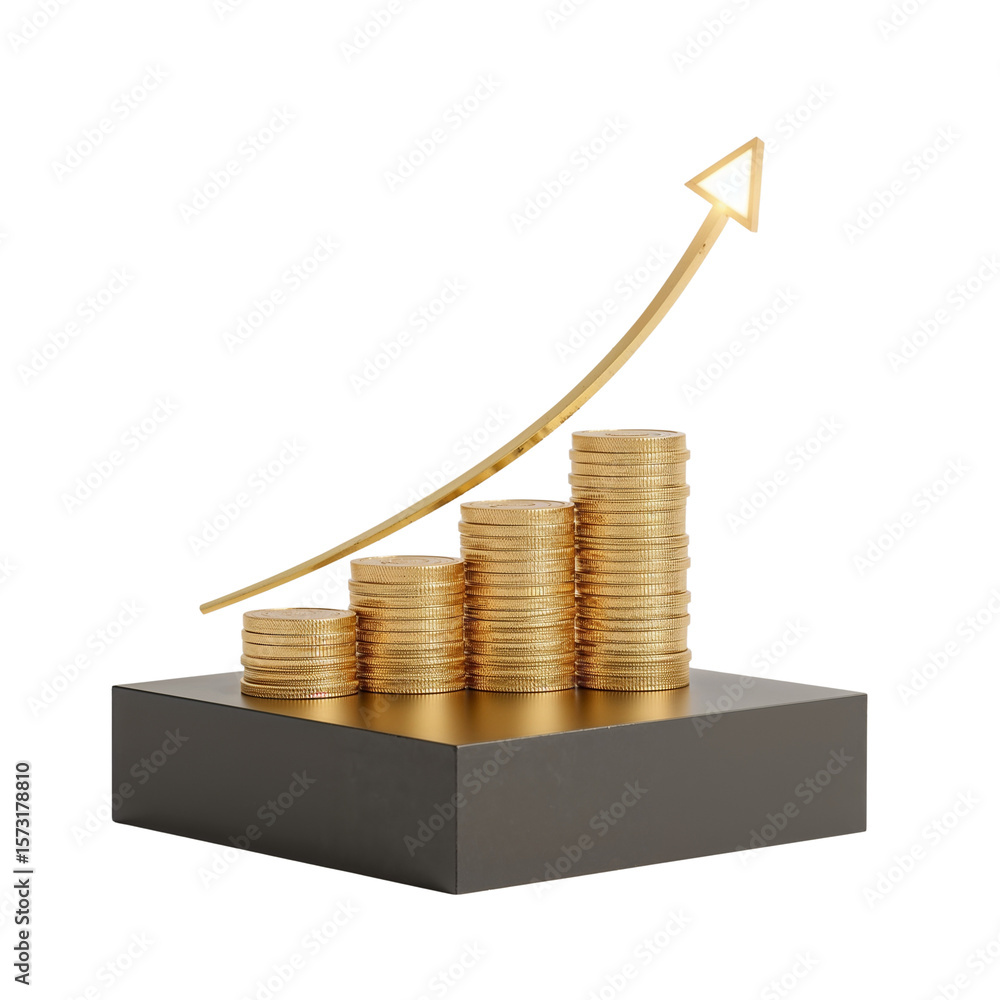 Poster gilded financial growth representation with stacked coins and arrow on simple block