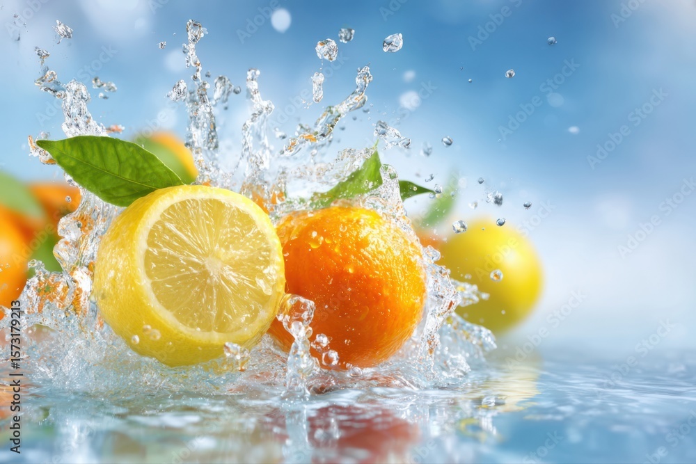 Poster oranges and lemons splashing into clear water, creating a refreshing and colorful display. the citru