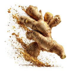 Fresh Ginger Root with Powder and Dirt on White Background