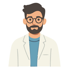 A smiling, confident cartoon doctor wearing glasses, a professional uniform, and a stethoscope stands ready for healthcare