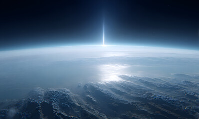 a distant planet in the sky with Earth visible below it in the atmosphere is blue and misty