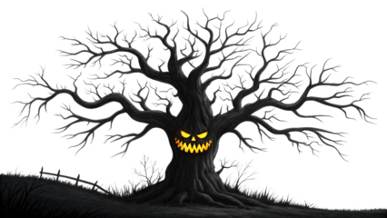 Spooky halloween tree with glowing face haunted forest scene scary october night creepy tree branches illustration