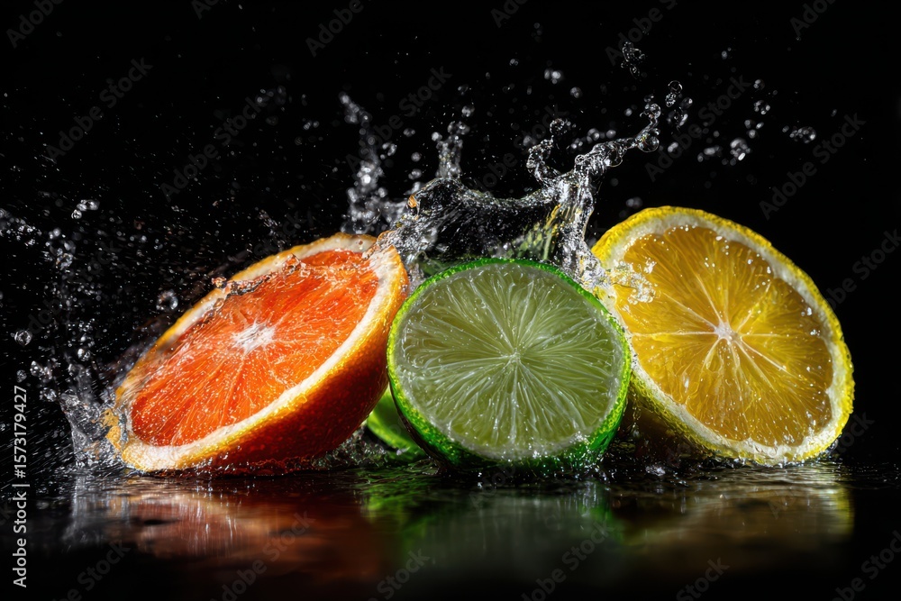 Poster a close-up shot of a group of citrus fruits splashing into water, creating a refreshing and vibrant 