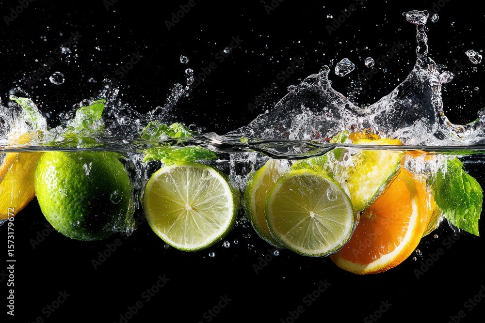 Poster a vibrant and refreshing image of a group of lemons and limes splashing into clear water, creating a