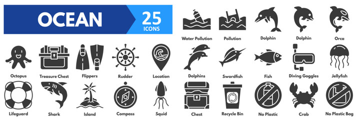Ocean icon set. with icons of water pollution, pollution, dolphin, orca, octopus, treasure chest, flippers, rudder, location, dolphins, swordfish, fish, diving goggles, jellyfish, lifeguard, shark,  © HRF07