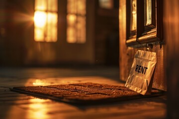 Obraz premium Notice of rent increase concept. Warm sunlight streams through a doorway with a 