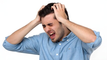 A man with his hands in his hair, screaming in anguish, expressing frustration and despair.