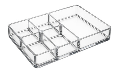 Acrylic drawer organizer designed to fit in a desk drawer for holding paper clips, rubber bands, and small stationery items.