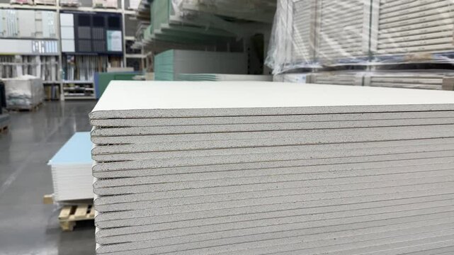 a stack of drywall sheets in a hardware store. sale of building materials for repairs.