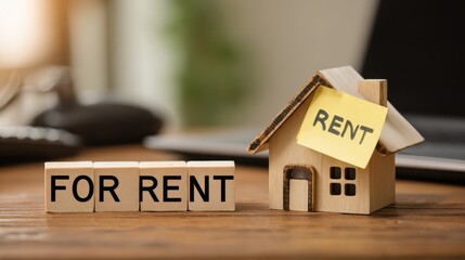 Notice of rent increase concept. House model with "For Rent" signs on a wooden table, symbolizing rental property.