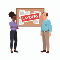 Concerned colleagues stand before a corkboard with a layoffs sign