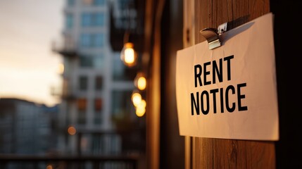 Notice of rent increase concept. Notice of rent due displayed on a wooden surface with urban background lights.