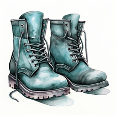 Illustration of a Green Pair of Lace-up Boots in Watercolor Style, for Autumn, Harvest, Hiking and Modern Designs