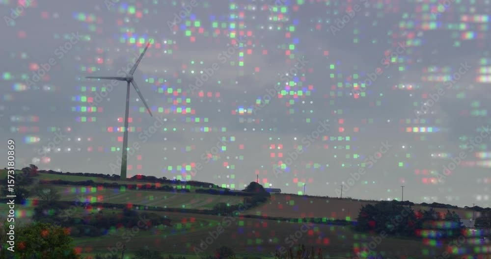 Poster opening scene showing wind turbine rotating blades under pixel glitch overlay visualizing noise