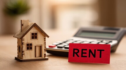 Notice of rent increase concept. Miniature house with a rent sign and calculator on a desk.