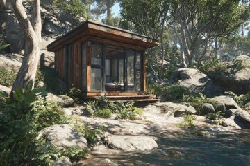 A cozy small house nestled in the serene surroundings of a lush forest, offering a peaceful retreat for relaxation and wellness.
