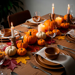 Festive Autumn Table Setting with Pumpkins, Candles, and Fall Foliage