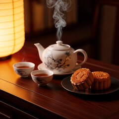 Mooncake and Tea Ceremony with Teapot and Teacups