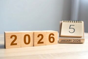 Wooden blocks displaying the year 2026 next to a calendar showing january 5th