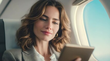 Young businesswoman on the plane with a tablet, enjoying the flight and studying information. Ideal for travel and business trips themes. Calm atmosphere, comfort and productivity on the way. - Powered by Adobe