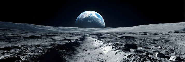 Landscape of moon lunar surface with Earth appearing in the horizon. Panoramic design