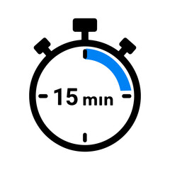15 Minutes Timer Icon, Modern Flat Design. Clock, Stopwatch, Chronometer Showing Fifteen Minutes Label. Cooking time, Countdown Indication