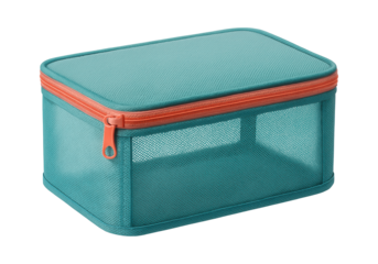 Mesh travel box with a quick-dry feature, ideal for beachgoers storing wet swimwear in a coastal home.