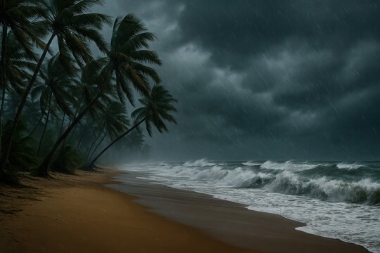 Stormy Beach with Palm Trees and Waves in Dark Skies. Generative AI.
