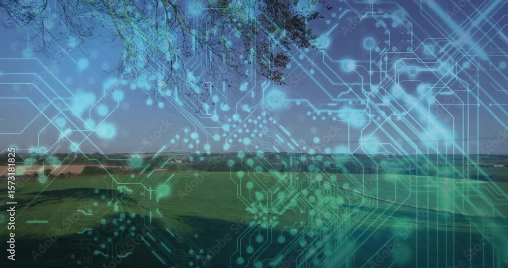 Poster steady camera holding green field before materializing digital circuit overlay simulating data flow